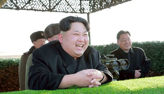 North Korean leader Kim Jong Un reacts during a test-fire of an anti-tank guided weapon in this undated photo released by North Korea's Korean Central News Agency (KCNA) in Pyongyang