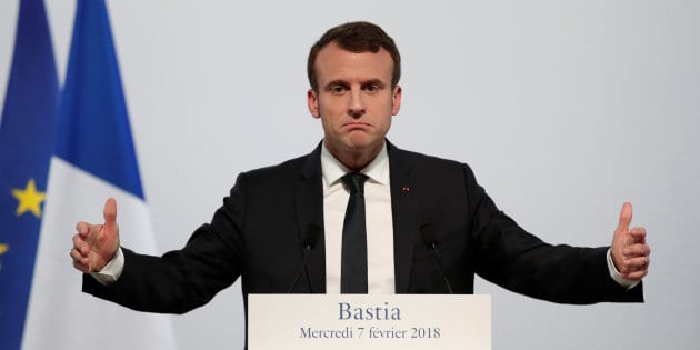 French President Emmanuel Macron delivers a speech at the Alb'Oru cultural centre in Bastia, on the French Mediterranean island of Corsica