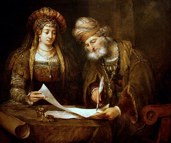 574px-Aert_de_Gelder_-_Esther_y_Mardoqueo_escribiendo_la_primera_carta_del_Purim