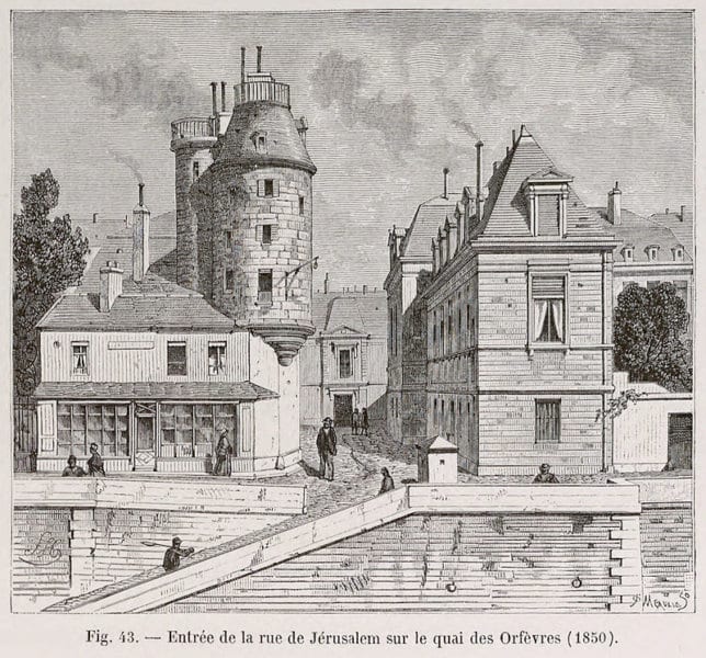 EntreCC81e_de_la_rue_de_JeCC81rusalem_sur_le_quai_des_OrfeCC80vres_1850-644x600
