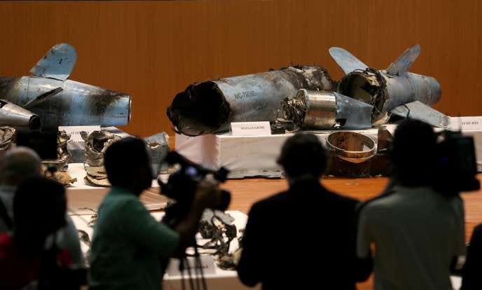 Remains of the missiles which Saudi government says were used to attack an Aramco oil facility, are displayed during a news conference in Riyadh