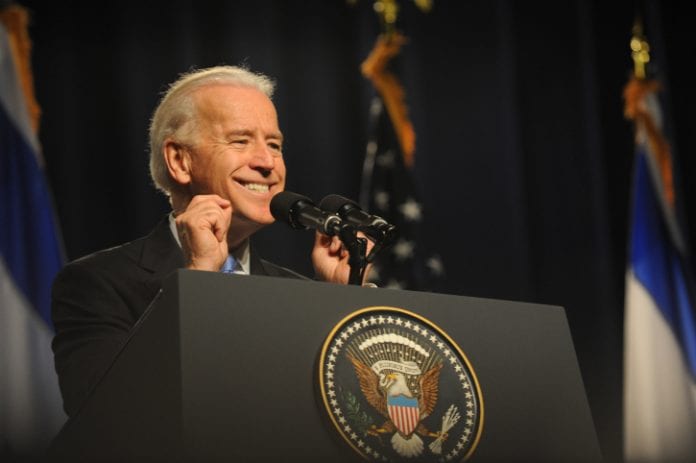 US Vice President Joe Biden gestures during a speech in Tel Aviv universi