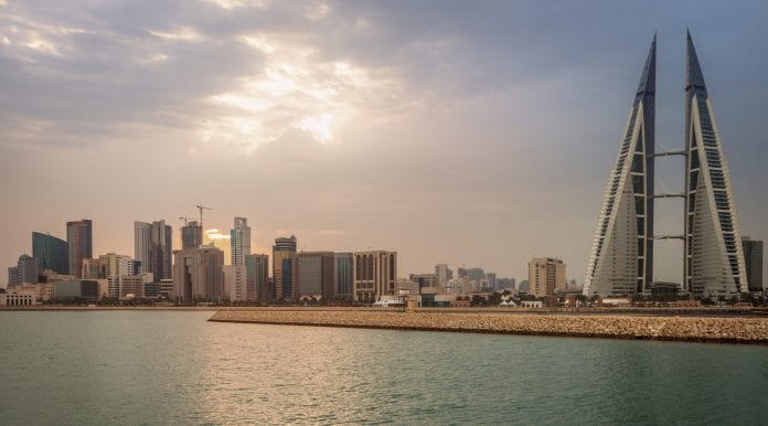 Skyline with Bahrain World Trade Center in Manama, Bahrain