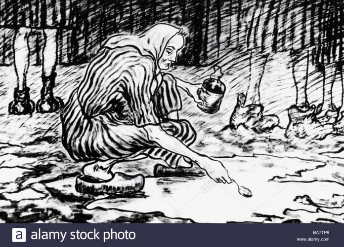 nazisme-socialisme-national-crimes-camps-de-concentration-auschwitz-pologne-femme-rasee-a-l-eau-d-une-pagache-dessin-d-un-ancien-prisonnier-cuillere-peuple-prisonnier-allemagne-nazie-third-reic