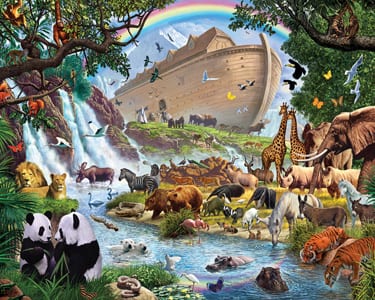 Animals disembarking from the Ark with a river in the foreground