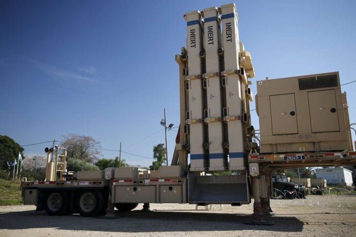 An inactive version of Israel's air defense system, David's Sling, jointly developed with the United States, is seen at a media event during a joint exercise between the two countries in Hatzor air base near Tel Aviv