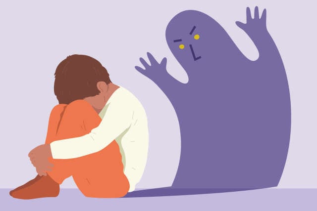 Illustration concept problems childhood, sleep, psychology. Sad and scared child is frightened by nightmare, bad thoughts, monster, shadow. Insecurity, loneliness, problems at home, fear.