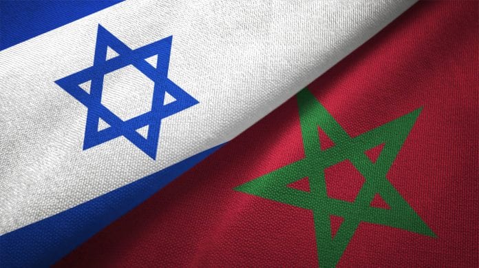 Morocco and Israel two flags together textile cloth fabric texture