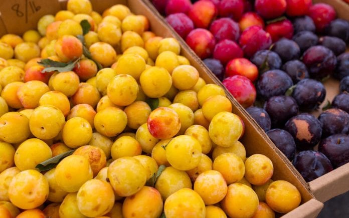 heap of fresh plums at farmers market