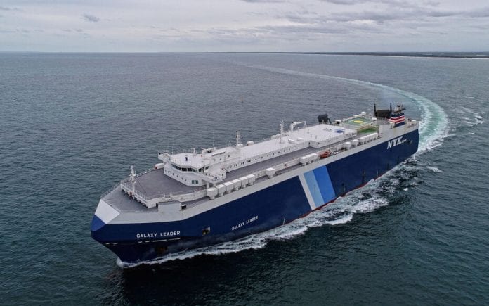 A view of the British-owned and Japanese-operated cargo ship Galaxy Leader, near Queensland