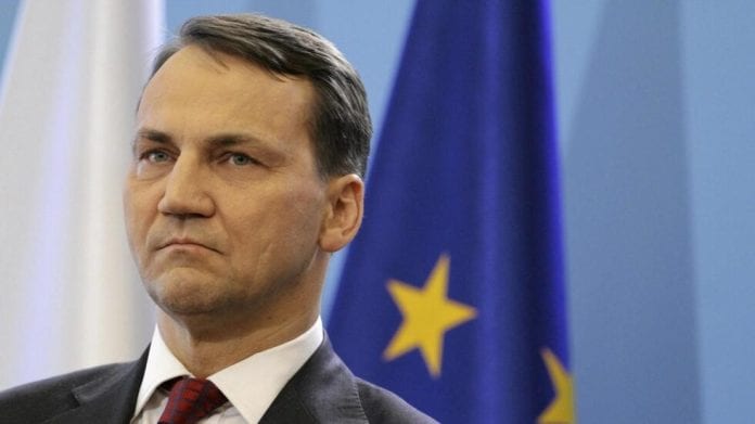 File photo of Polish Foreign Minister Radoslaw Sikorski during a news conference after a government sitting in Warsaw
