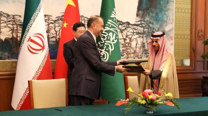 Iranian Foreign Minister Hossein Amir-Abdollahian meets with Saudi Arabia's Foreign Minister Prince Faisal bin Farhan Al Saud in Beijing