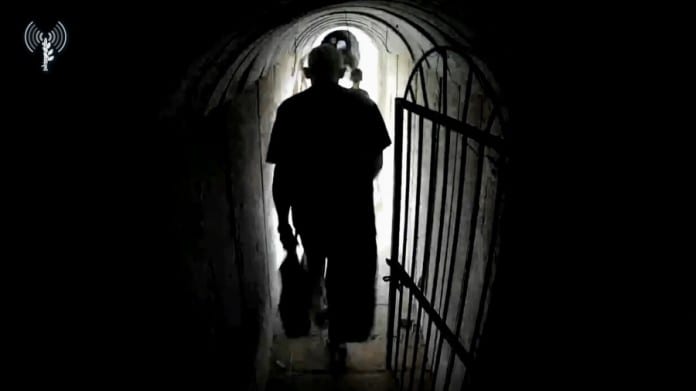 Hamas’-Gaza-Strip-leader-Yahya-Sinwar-in-a-tunnel-in-southern-Gaza’s-Khan-Younis-October-10-2023-IDF-Spokesman-696x391