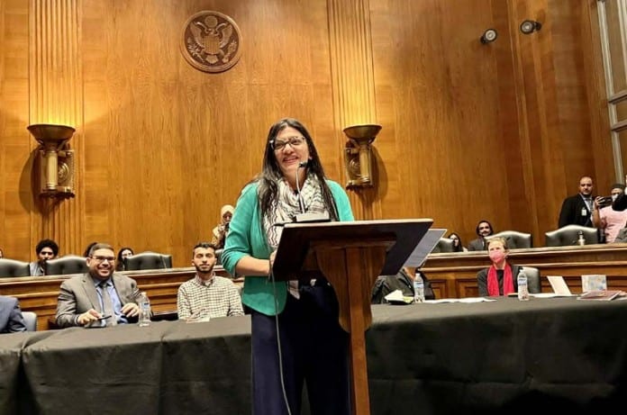 Rep.-Rashida-Tlaib-held-her-Nakba-Day-event-in-Sen.-Bernie-Sanders’-hearing-room-May-10-2023.-696x461