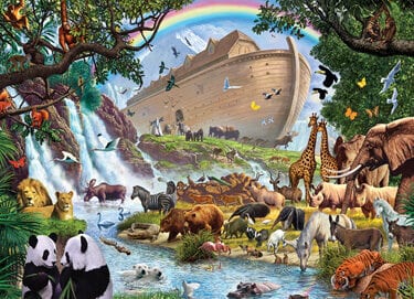 Animals disembarking from the Ark with a river in the foreground