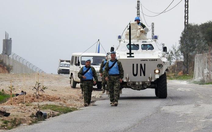 UN peacekeepers (UNIFIL) patrol the border with Israel near the village of Kfar Kila