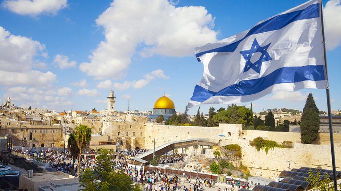 Jerusalem old city Western Wall with Israeli flag