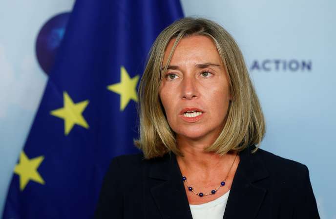 EU foreign policy chief Federica Mogherini addresses a news conference after meeting Russian Foreign Minister Lavrov in Brussels